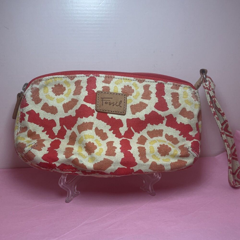 Fossil Cosmetic Canvas Logo Zipper Pouch Wristlet Clutch Purse Bag Floral